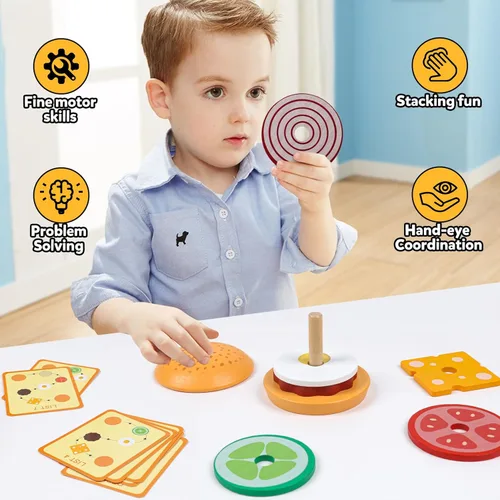 Miniatura 5 de Kizh Juguete apilable de madera para clasificar hamburguesas para niños pequeños, juguetes educativos Montessori de motricidad fina para niños