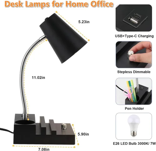 Miniatura 7 de LALISU Lámpara de escritorio de estudio con carga USB y luz nocturna tipo C, lámpara de mesa LED de cuello de cisne, lámpara de mesa de estudio