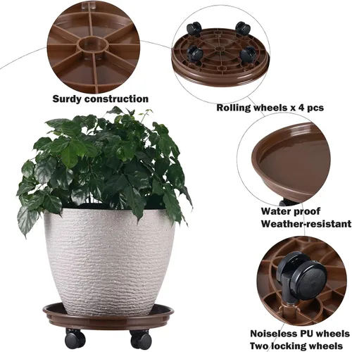 Miniatura 2 de Paquete de 5 organizadores grandes para plantas con ruedas de poliuretano, soportes rodantes de plantas de 12 pulgadas, base de rodillos de plástico