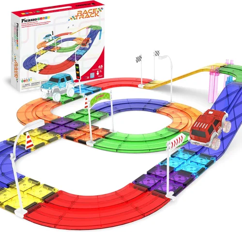 Miniatura 13 de PicassoTiles Juego de 121 azulejos magnéticos de pista de carreras de mármol 3 en 1, juego de construcción de carreras de automóviles, aprendizaje