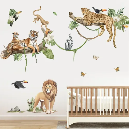 Miniatura 13 de decalmile Calcomanías de pared de rama de árbol de animales de selva, safari animal, mono, koala, calcomanías de pared para bebé, guardería
