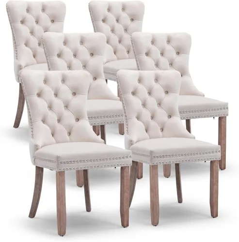 Miniatura 132 de Juego de 4 sillas de comedor de terciopelo, sillas de comedor tapizadas con ribete de cabeza de clavo y patas de madera maciza para cocina