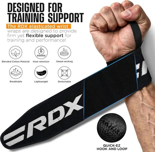 Miniatura 3 de RDX Muñequeras para levantamiento de pesas (par), aprobadas por IPL y USPA, correas elásticas de algodón de 18" con soporte y bucle para el pulgar