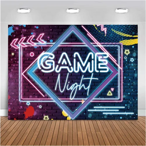 Fondo de fotografía de lámpara de neón para noche de juegos, decoración de mesa de pastel, decoración de mesa, telón de fondo para fotos, 5 x 3 pies