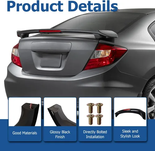 Miniatura 6 de WFLNHB Alerón de maletero negro brillante con repuesto de lámpara de luz de freno para Civic 4-Door Sedan 2013-2015