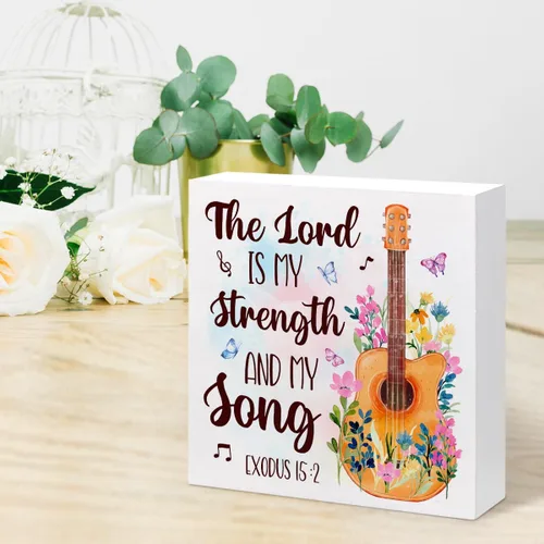 Miniatura 6 de Letrero de madera con versículo bíblico, The Lord is My Strength and My Song, letrero de madera cristiana, decoración de las Escrituras para El