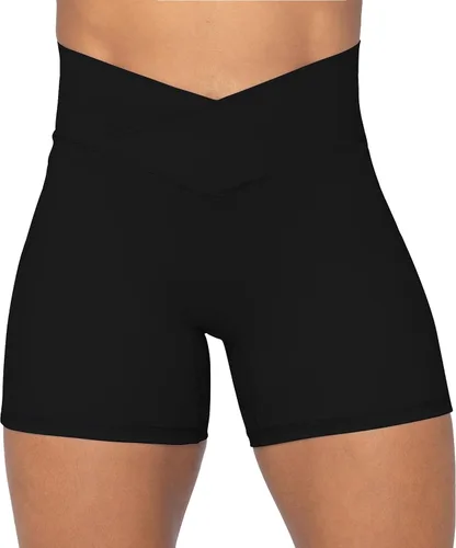 Sunzel Softmax - Pantalones cortos de ciclista para mujer, con cintura alta cruzada en V, para yoga, entrenamiento, gimnasio, con control de abdomen