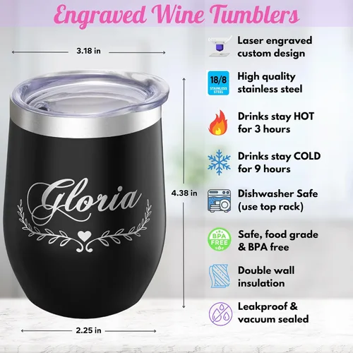 Miniatura 4 de Vaso de vino personalizado con tapa, taza aislada de acero inoxidable grabada personalizada negra para bebidas frías y calientes, regalo