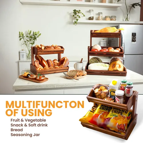 Miniatura 6 de HOLANA Cesta de frutas de 2 niveles de acacia para organizador de encimera de cocina – Tazón de frutas de madera y cesta de madera