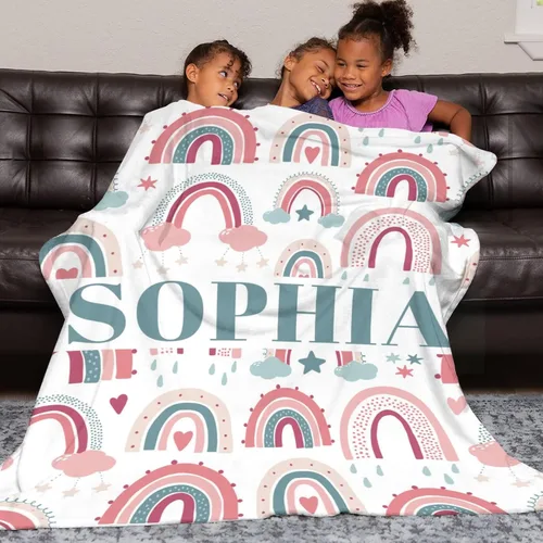 Miniatura 5 de Manta de arcoíris personalizada para familia, adultos, niños, mantas con nombre personalizado con patrón de arco iris para niños y niñas, lindas