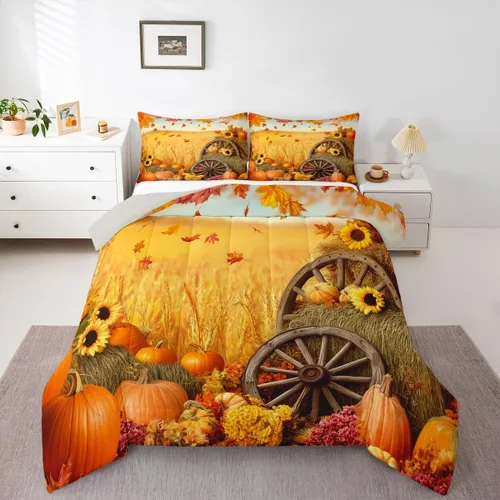 Miniatura 49 de Erosebridal Juego de edredón individual de pavo de Acción de Gracias, juego de ropa de cama de calabaza con hojas de otoño para niños y adultos