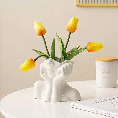 Miniatura 3 de Jarrón de Cara de Cerámica, Jarrones de Flores Blancas para Decoración Forma Femenina Cabeza Jarrón de Medio Cuerpo Boho Único Decorativo Estilo A