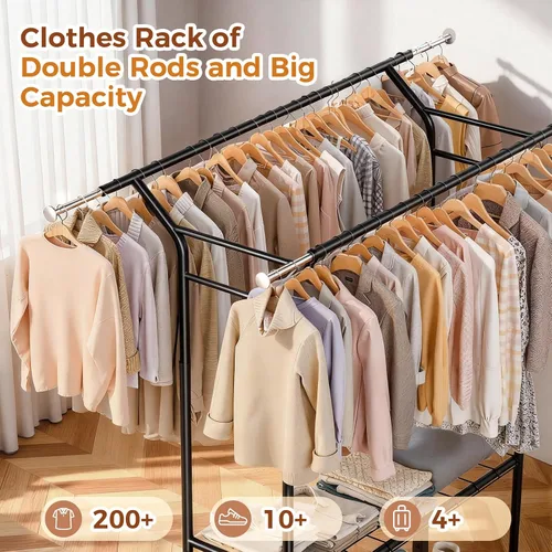 Miniatura 3 de Luxspire Perchero resistente con carga de 650 libras, percheros de ropa de doble barra para colgar ropa, estantes de ropa rodantes con ruedas