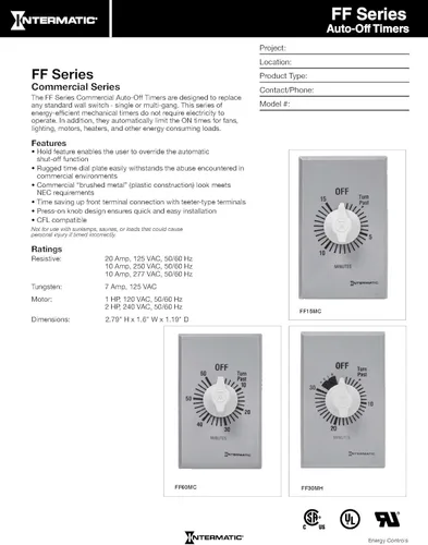 Miniatura 2 de Intermatic FF415M Temporizador de pared con resorte de 15 minutos DPST sin retención, mejora la eficiencia energética con compatibilidad universal