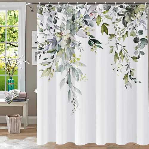 Miniatura 16 de Cortina de ducha, cortinas de eucalipto púrpura para baño, cortinas de baño con hojas en acuarela lavables, impermeables, juego de cortinas de hojas