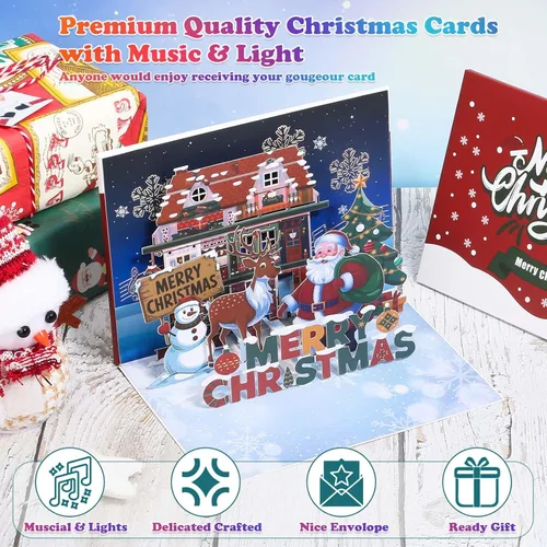 Miniatura 3 de Caffox Tarjeta de Navidad con luces y música, tarjeta de felicitación musical de árbol de Navidad desplegable con sobre, tarjetas divertidas