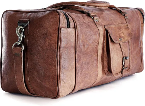 Bolsa de cuero de lona de 32 pulgadas, grande, para viaje, gimnasio, deporte, fin de semana, de noche, por Komal's Passion Leather, Marrón, Classic