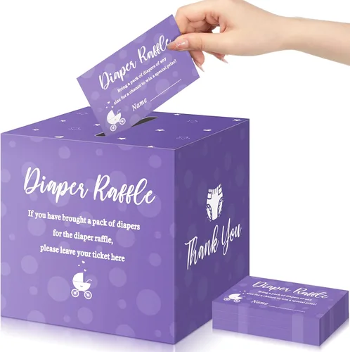 Miniatura 14 de Funrous 51 boletos para rifa de pañales con caja para invitaciones de juegos de baby shower, tarjeta de rifa de pañales para revelación de género