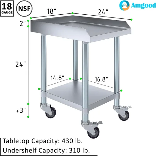 Miniatura 3 de AmGood Soporte para equipo de acero inoxidable con estante inferior + ruedas, resistente, grado comercial, certificado NSF