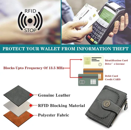 Miniatura 5 de SENDEFN Cartera pequeña de cuero plegable para mujer, con bloqueo RFID y bolsillo para monedas con cremallera, 1-gris, Cartera pequeña para mujer