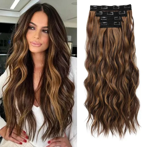 Miniatura 29 de REECHO Extensiones de cabello con pinza, 4 piezas de extensiones de cabello rubio de 24" de largo, ondas de playa gruesas, HE003, trama de encaje