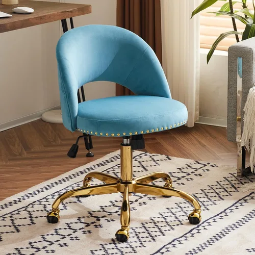 Miniatura 11 de VINGLI Silla de Oficina Pequeña de Terciopelo Moderna, Linda Silla de Escritorio con Ruedas, Base/Tachuelas Doradas, Cómoda Silla Giratoria sin Beige