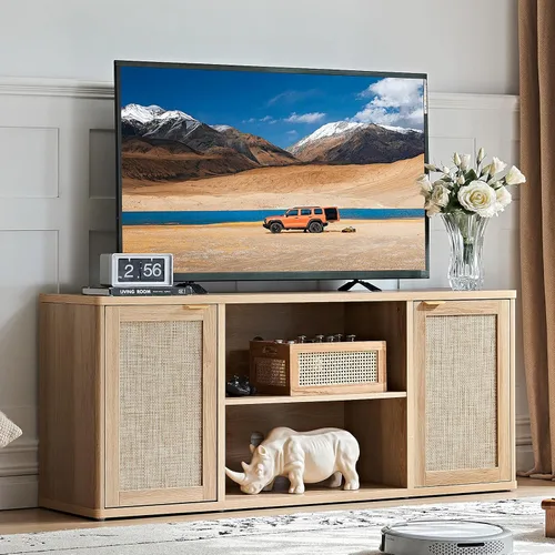 Miniatura 10 de LEYAOYAO Soportes de TV de ratán para sala de estar, gabinete de TV bohemio con almacenamiento y estante abierto, centro de entretenimiento