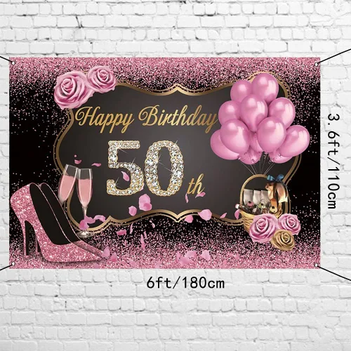Miniatura 3 de AWERT Cartel de poliéster de 6 x 3.6 pies con texto en inglés «Happy 50th Birthday» para mujer, cartel de oro rosa para mujer, decoración de fiesta