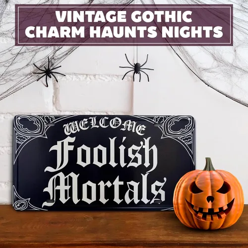 Miniatura 7 de Letrero de metal decorativo gótico de 11.81 x 5.91 pulgadas, decoración de pared gótica para Halloween y casas espeluznantes, ideal para uso