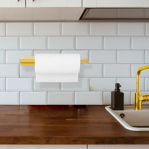 Miniatura 4 de Toallero de papel para debajo del gabinete, para cocina, soporte de pared, autoadhesivo o perforación, acero inoxidable 304 (dorado)