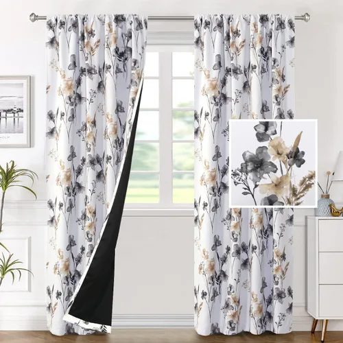 Miniatura 15 de H.VERSAILTEX Cenefas de cortina 100% opacas para ventanas de cocina, juego de 2 paneles de Cattleya con estampado floral Leah con aislamiento