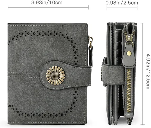 Miniatura 3 de SENDEFN Cartera pequeña de cuero plegable para mujer, con bloqueo RFID y bolsillo para monedas con cremallera, 1-gris, Cartera pequeña para mujer