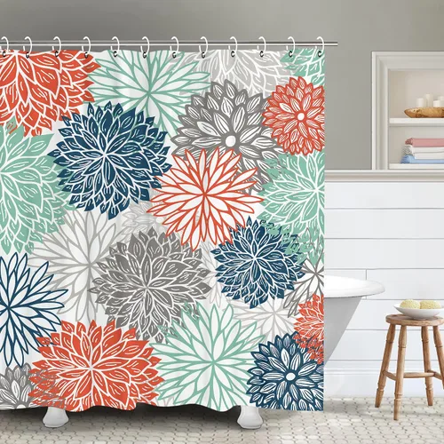 RosieLily Juego de cortinas de ducha florales de dalia con 12 ganchos, cortina de ducha verde azulado y gris, azul, verde, turquesa, mandala floral,
