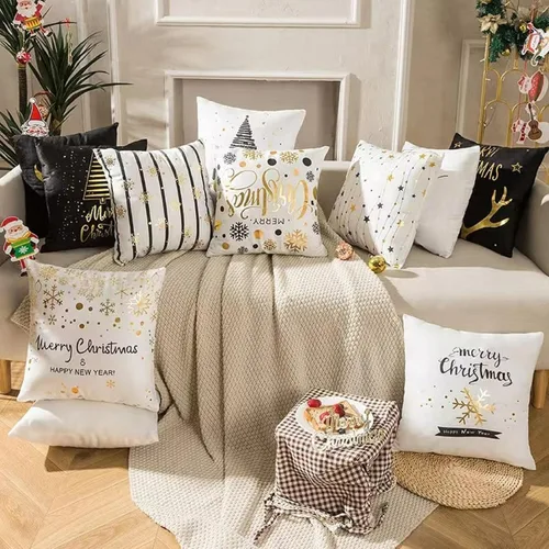 Miniatura 6 de Juego de 4 fundas de almohada de Navidad de 18 x 18 pulgadas, fundas de almohada doradas con estampado de copos de nieve a rayas, fundas de cojín