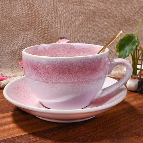 Miniatura 4 de Juego de taza de café y platillo de cerámica azul con cuchara dorada, juego de tazas de té artesanales de esmalte azul profundo de 10 onzas, taza