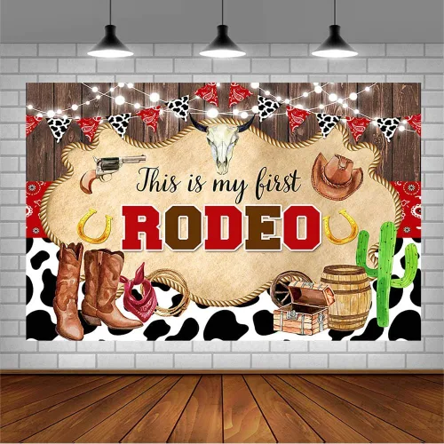 Miniatura 3 de AIBIIN Fondo de 10 x 7 pies con texto en inglés "My First Rodeo", para primer cumpleaños, fotografía de vaquero occidental, estampado de vaca, Marrón