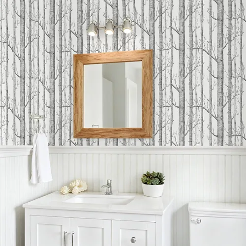 Miniatura 5 de VEELIKE Papel tapiz de abedul gris para despegar y pegar, papel tapiz minimalista de bosque de abedules para dormitorio, baño, paredes de acento