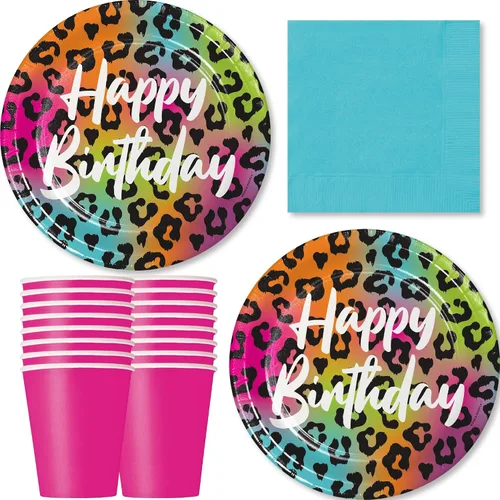 Live It Up! Party Supplies Wild Child Happy Birthday - Platos de postre de papel con estampado de animales, servilletas y tazas de color rosa