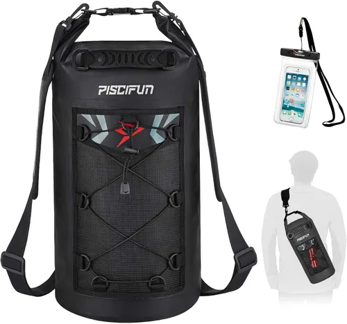 Piscifun Bolsa seca, mochila flotante impermeable 10L/20L/30L/40L con funda impermeable para teléfono para navegación, kayak, pesca Negro