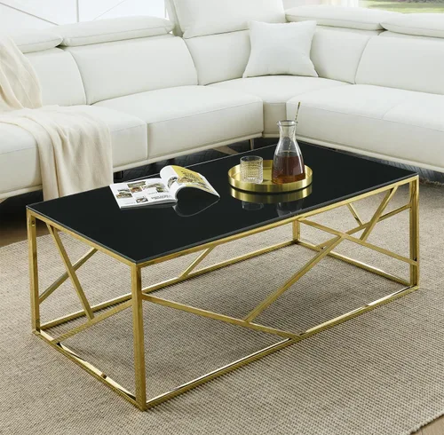 SSLine Mesa de centro de cristal negro con patas de acero inoxidable doradas, mesa de centro rectangular de lujo para sala de estar, moderna y