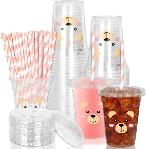 Miniatura 30 de Whaline 50 vasos de plástico desechables patrióticos de 12 onzas con tapas y pajitas con la bandera estadounidense del 4 de julio, vasos