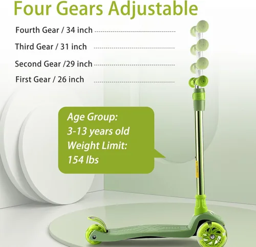 Miniatura 4 de Patinete de 3 ruedas para niños de 6 a 12 años, patinete infantil con ruedas iluminadas, diseño de cubierta resistente y 4 alturas ajustables, Verde
