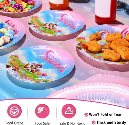 Miniatura 4 de Tiamon 171 piezas de decoraciones de fiesta de donas de Candyland para 24 invitados, decoraciones de fiesta temática de caramelos, incluye platos