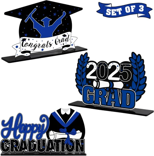LINGTEER Decoraciones de fiesta de graduación de clase 2026 – 3 piezas de felicitaciones de graduación 2026 de acrílico para centros de mesa de Azul