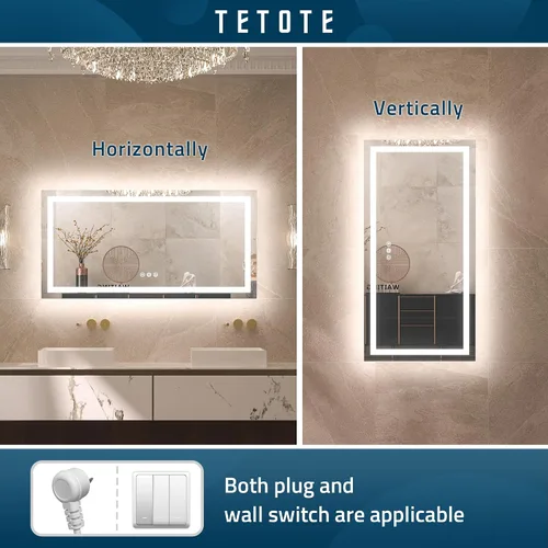 Miniatura 5 de TETOTE Espejo de tocador LED de 48 x 24 pulgadas, espejo de baño iluminado con función regulable y antiniebla, espejo de maquillaje con luces