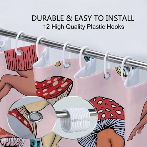 Miniatura 5 de Divertida cortina de ducha con trasero de hongo, linda y sexy de los años 70 y 80, cortinas de ducha de tela para baño, hippie, psicodélica, Rosa-2