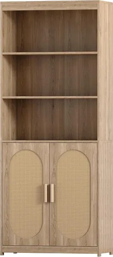 Miniatura 6 de SSLine Gabinete bohemio de ratán para oficina en casa de 71 pulgadas de alto, estantería de madera con 3 puertas decorativas de ratán y 3 estantes