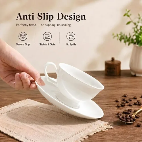 Miniatura 2 de Juego de 2 tazas y platillos de espresso de porcelana fina, juego de tazas de té blanco clásico de 5 onzas para café, capuchino, café con leche, té