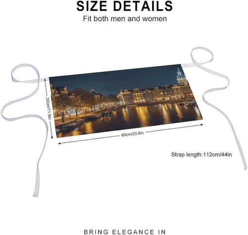 Miniatura 2 de Amsterdam Night View Print Server Aprons with 3 Pockets, Cute Waist Apron, Waterproof Half Apron for Cooking, Painting, Kitchen Baking, Service