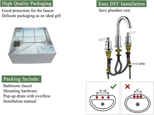 Miniatura 5 de TimeArrow TAF830C-CP - Grifo de lavabo de baño de 2 manijas cromadas, 3 agujeros con drenaje emergente, arco alto, moderno, 8 pulgadas, grifo